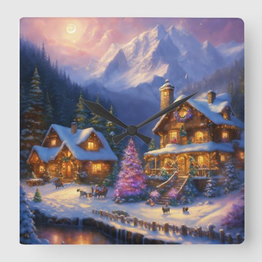 Betovering in Everwinter: Een Thomas Kinkade Inspi Vierkante Klok (Voorkant)