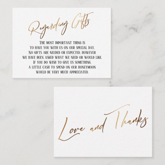 Betreffende cadeaubonnen met een modern goudhandsc informatiekaartje (Voorkant / Achterkant)