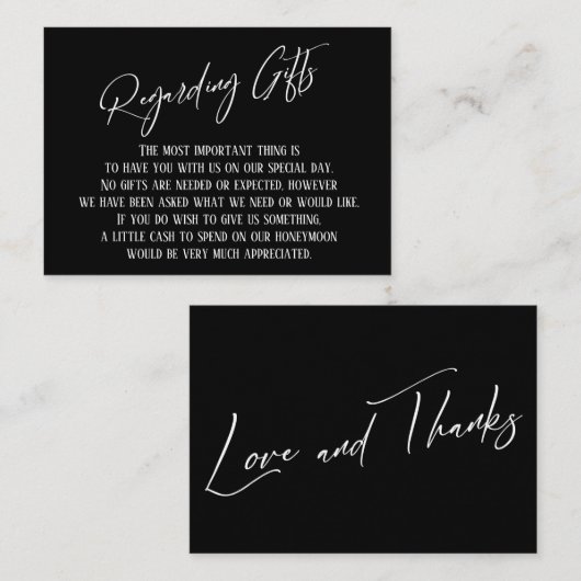 Betreffende geschenken handschrift zwart en wit informatiekaartje (Voorkant / Achterkant)