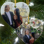 Betrokken en vrolijk dubbelzijdig hart paar foto keramisch ornament<br><div class="desc">Verloofd en vrolijk foto ornament - ideaal voor verloofde paar eerste kerst. De fotosjabloon is ingesteld voor u om een verloving foto toe te voegen aan elke kant. De ene kant heeft een elegante tekst overlay die leest "verloofd en vrolijk" en de andere kant als een traditionele nostalgische overlay van...</div>