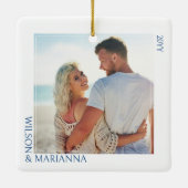 Betrokken & Helder 2 Vierkant Verloving Foto Keramisch Ornament (Achterkant)