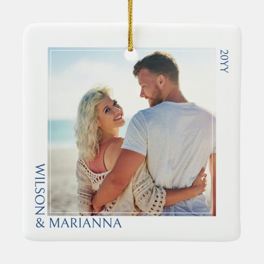 Betrokken & Helder 2 Vierkant Verloving Foto Keramisch Ornament (Achterkant)