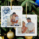 Betrokken & Helder 2 Vierkant Verloving Foto Keramisch Ornament<br><div class="desc">Betrokken en Bright foto ornament - ideaal voor verloving cadeau of koppels eerste kerst verloofd! Het ontwerp is voorzien van blauwe ornamenten met delicate winterbladeren om uw foto te lijsten en is elegant geletterd met verloofd en helder. De andere kant van het ornament heeft een tweede foto omlijst met de...</div>
