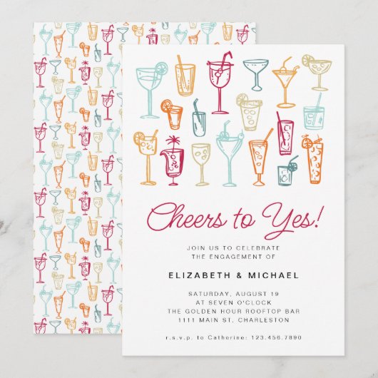 Betrokkenheid Party Cocktail Moderne Hand Tekening Kaart (Voorkant / Achterkant)