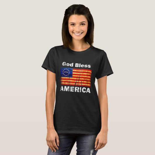 Betsy Ross Vlag 1776 Revolutionaire Oorlog God zeg T-shirt (Voorkant volledig)