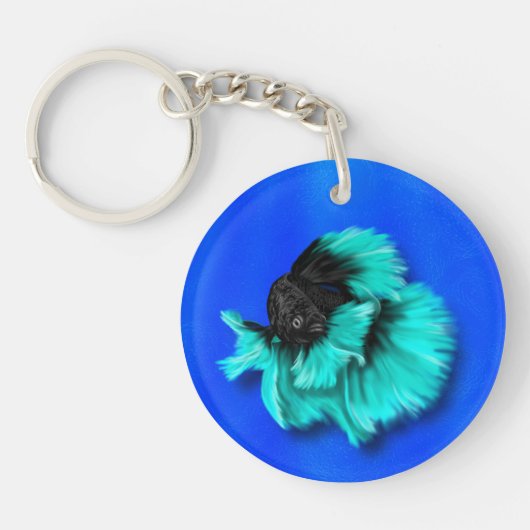 Betta Fish Duo, zwart & blauwgroen, wit en roze Sleutelhanger (Voorkant)