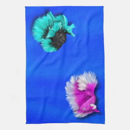 Betta Fish Duo, zwart & blauwgroen, wit en roze Theedoek (Verticaal)