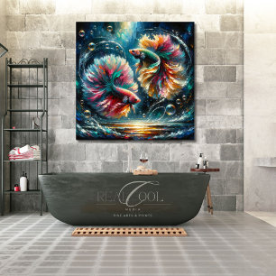 Betta Vissen Dansen in Diepblauwe Oceaanbellen Poster