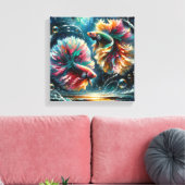 Betta vissen dansen in diepblauwe oceaanbubbels canvas afdruk (Insitu (Woonkamer))