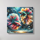 Betta vissen dansen in diepblauwe oceaanbubbels canvas afdruk (Voorkant)