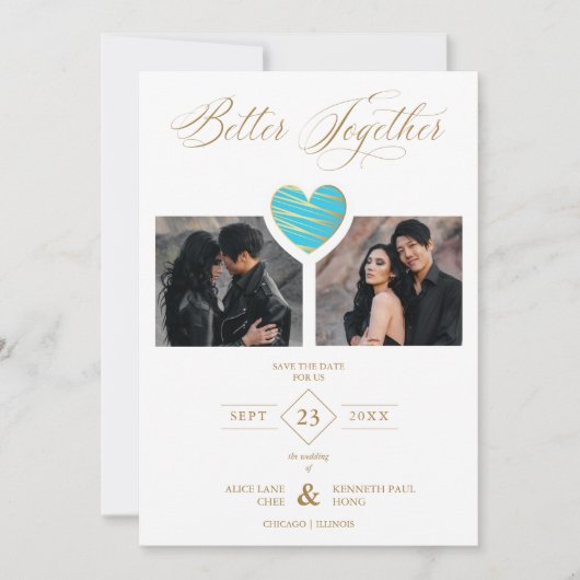 Better Together Quote Aquamarine Heart 2 Photos Save The Date (Voorkant)