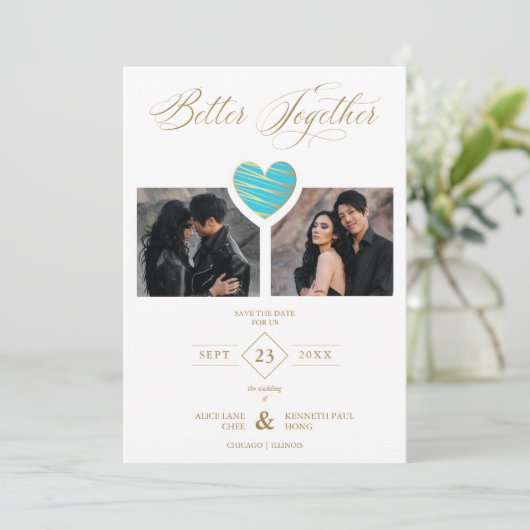 Better Together Quote Aquamarine Heart 2 Photos Save The Date (Staand voorkant)