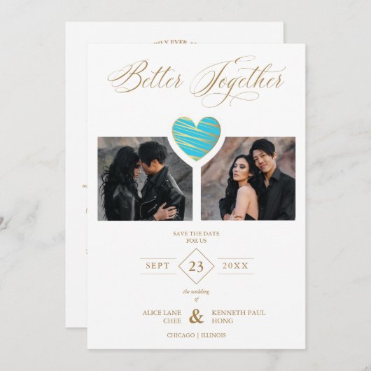 Better Together Quote Aquamarine Heart 2 Photos Save The Date (Voorkant / Achterkant)