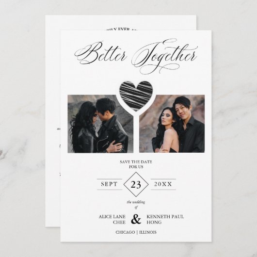 Better Together Quote Black Grey Heart 2 Photos Save The Date (Voorkant / Achterkant)