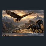 Between Sky and Stone Poster<br><div class="desc">In the quiet grandeur of the mountains, two paths unfold at once. High above the cliffs, a golden eagle glides through the open air, wings outstretched as sunlight brushes the edges of its feathers. Below, along a narrow trail carved into rugged terrain, a black horse runs with powerful grace, its...</div>