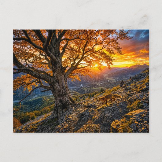 Beuk op heuvelhelling met vos briefkaart (Voorkant)