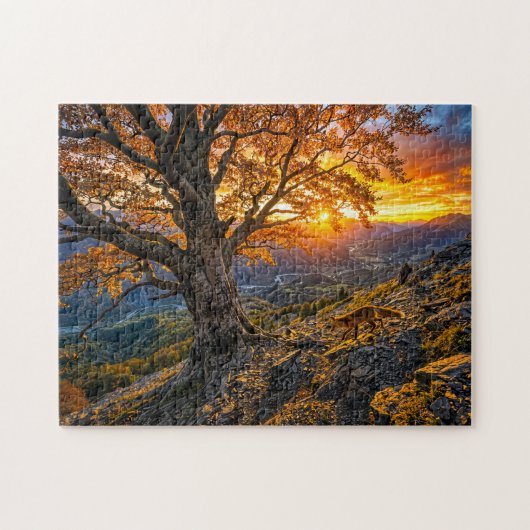 Beuk op heuvelhelling met vos legpuzzel (Horizontaal)