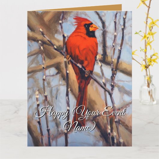 Beutiful Red Cardinal Bird Perched on a Branch Kaart (Gele Bloem)