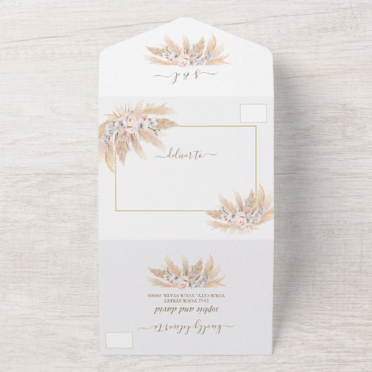 Bevallig Pampasgras Witte Orchidee Rozen Bruiloft  All In One Uitnodiging (Buitenkant)