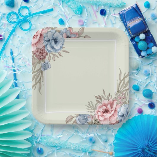 Bevallig roze en blauw bloemig vierkant trouwfeest papieren bordje (Feest)