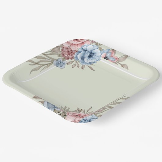 Bevallig roze en blauw bloemig vierkant trouwfeest papieren bordje (Gebogen)