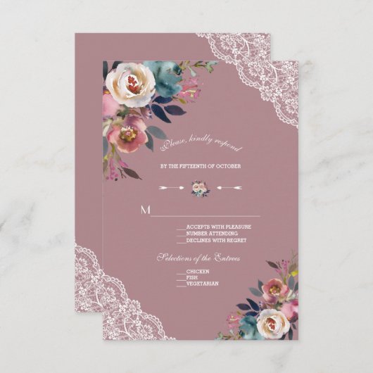 Bevallig Stof Blauw Stof Roze Bloemige Trouw RSVP Kaartje (Voorkant / Achterkant)