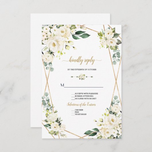 Bevallige Aquarel Witte Bloem Gouden Bruiloft RSVP Kaartje (Voorkant / Achterkant)