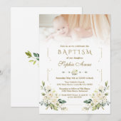 Bevallige Aquarel Witte Bloemen Foto Doop  Kaart (Voorkant / Achterkant)