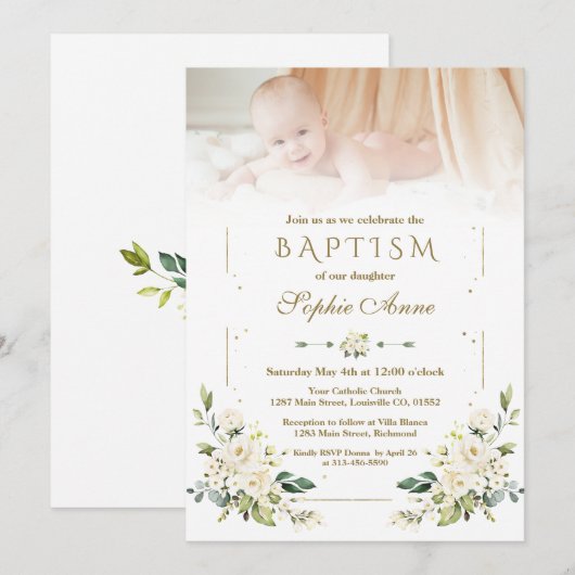 Bevallige Aquarel Witte Bloemen Foto Doop  Kaart (Voorkant / Achterkant)