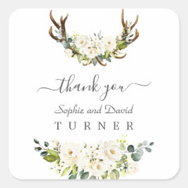 Bevallige Aquarel Witte Bloemen Rendier Wedding Vierkante Sticker