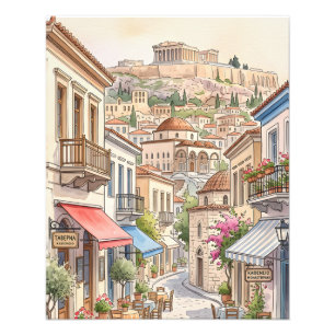 Bevallige Athene Griekenland Straat Watercolor Foto Afdruk