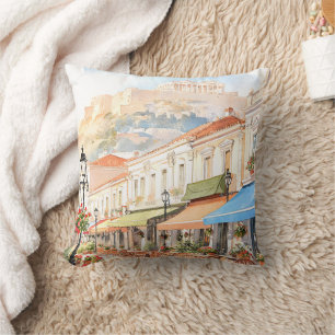Bevallige Athene Griekenland Straat Watercolor Kussen