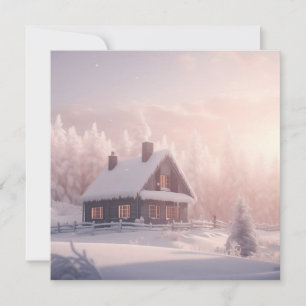 Bevallige besneeuwde houten hut in een bos feestdagenkaart