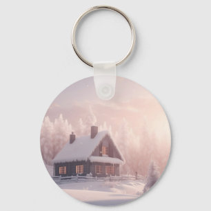Bevallige besneeuwde houten hut in een bos sleutelhanger