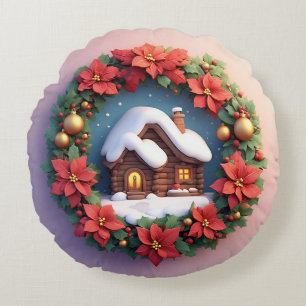 Bevallige besneeuwde hut versierd met kerstkrans rond kussen