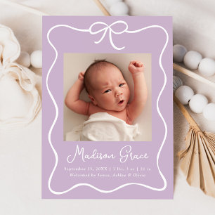 Bevallige Boog Lavendel Baby Meisje Foto Geboorte Aankondiging
