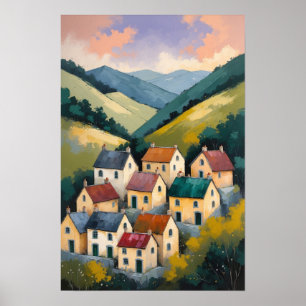 Bevallige dorpshuizen in glooiend heuvellandschap poster