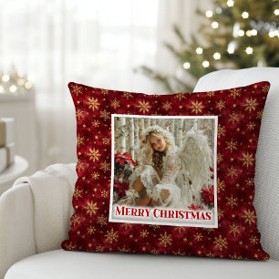Bevallige Engel Poinsettia Rood Goud Festive Kerst Kussen