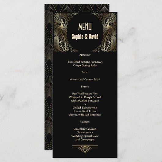 Bevallige Gouden Art Deco Pauwen Huwelijksmenu Menu (Voorkant / Achterkant)