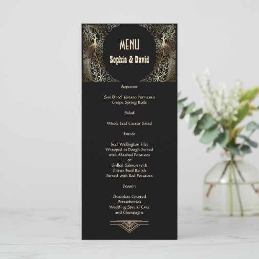 Bevallige Gouden Art Deco Pauwen Huwelijksmenu Menu (Staand voorkant)
