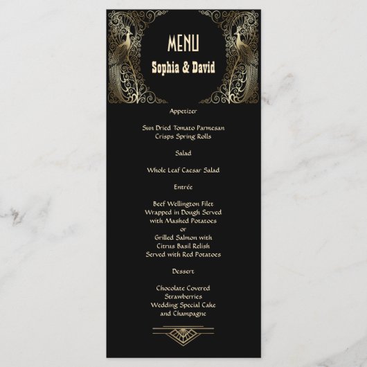 Bevallige Gouden Art Deco Pauwen Huwelijksmenu Menu (Voorkant)