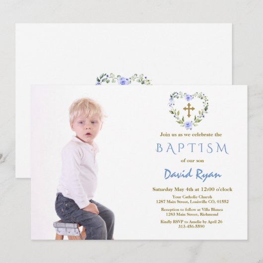 Bevallige Gouden Kruis Bloem Boy Foto Doop Kaart (Voorkant / Achterkant)