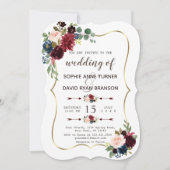 Bevallige Gouden Merlot Navy Blauwe Bloemige Bruil Kaart