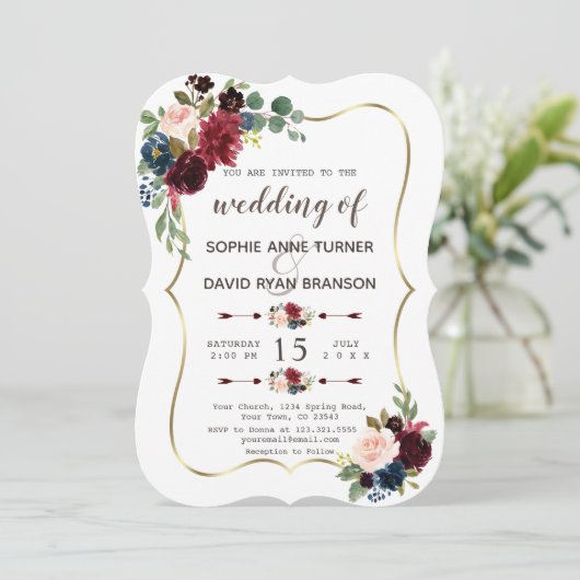 Bevallige Gouden Merlot Navy Blauwe Bloemige Bruil Kaart (Staand voorkant)