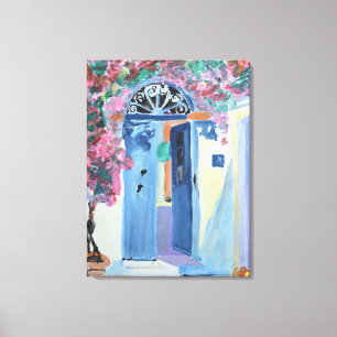 Bevallige Griekse Deuropening & Roze Bougainvillea Canvas Afdruk