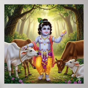 Bevallige Groene Pastorale Bala Krishna met Kalfje Poster