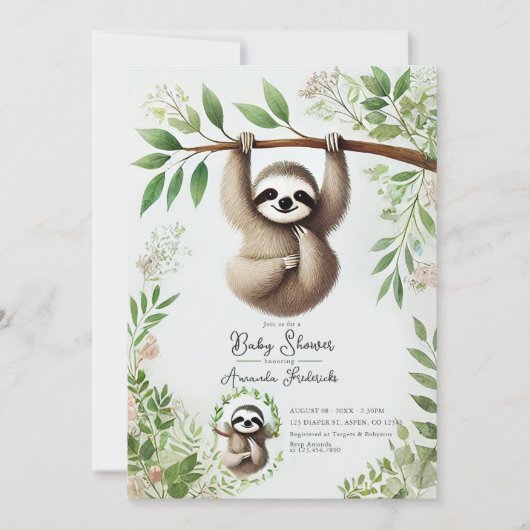 Bevallige Hanging Sloth Baby Shower Uitnodiging (Voorkant)