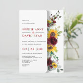 Bevallige herfst bordeauxrode zonnebloemen bruilof kaart (Staand voorkant)