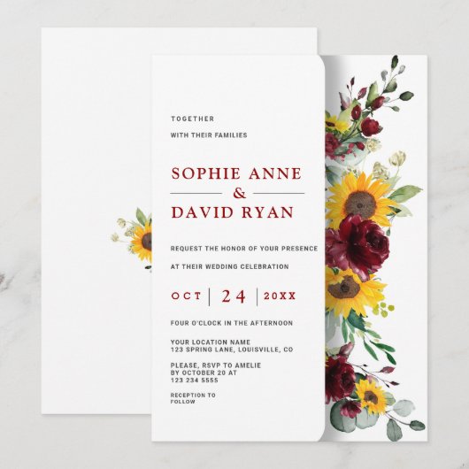 Bevallige herfst bordeauxrode zonnebloemen bruilof kaart (Voorkant / Achterkant)