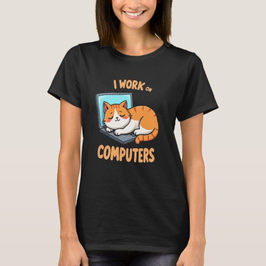 Bevallige Ik Werk Aan Computers Kat T-Shirt (Voorkant)